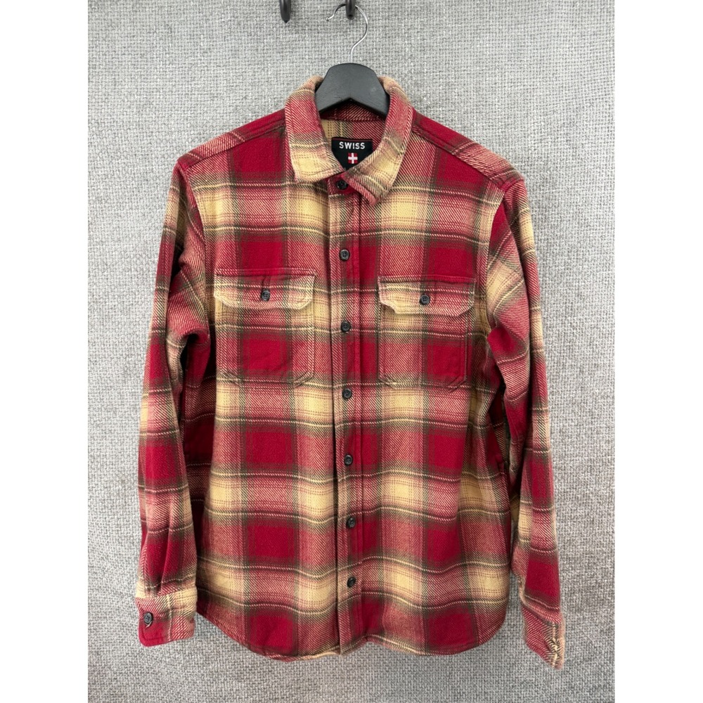Swiss Alps Thick Flannel Shirt Mens Medium Red Plaid Cotton Long‎ Sleeve Outdoor